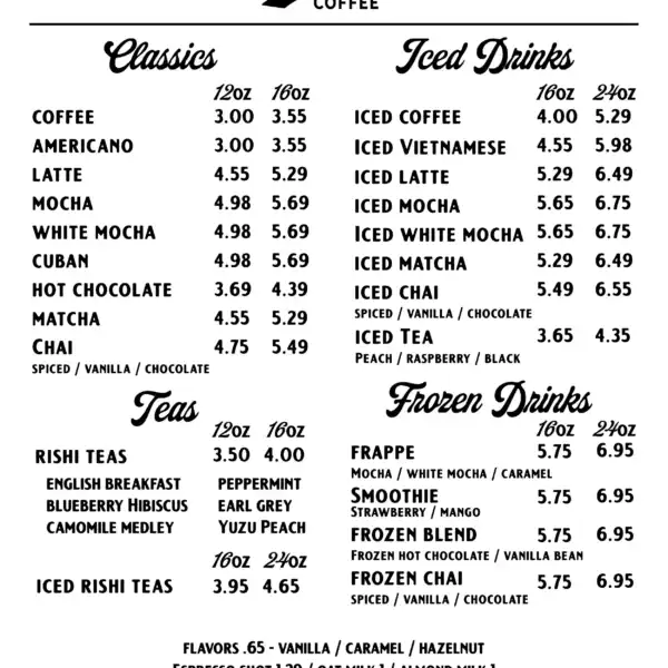 Poets Coffee Menu