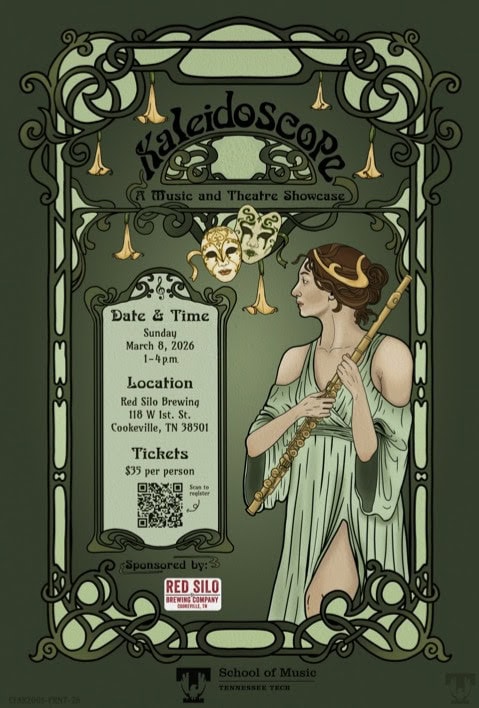 Vintage-style poster for Kaleidoscope music and theatre event in Cookeville, TN.